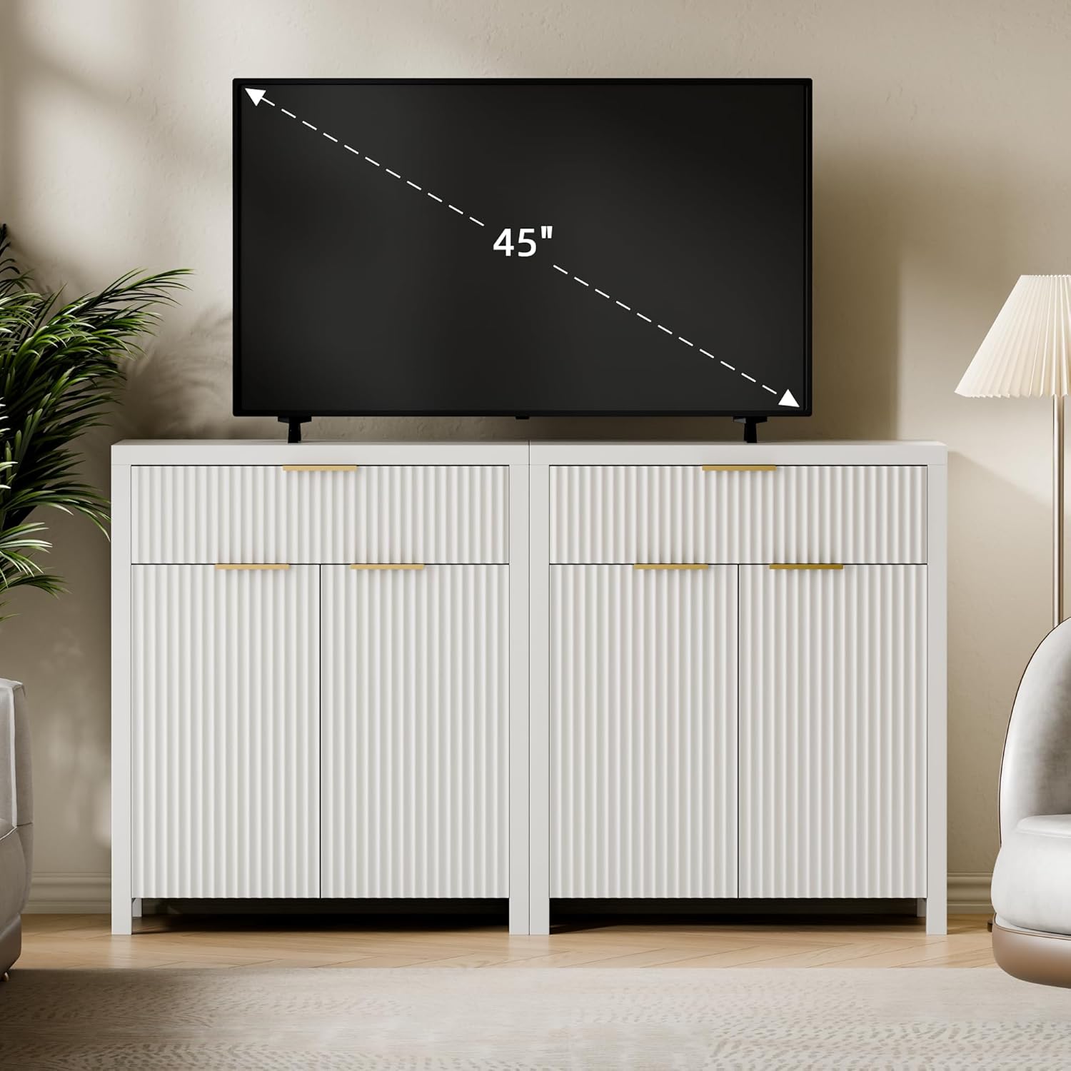 Storage Cabinet Fluted Sideboard Buffet Cabinet with Adjustable Shelves & Quality Wooden Tabletop, Modern Accent Credenza Console Wood for Living Room, Entryway, Hallway, White