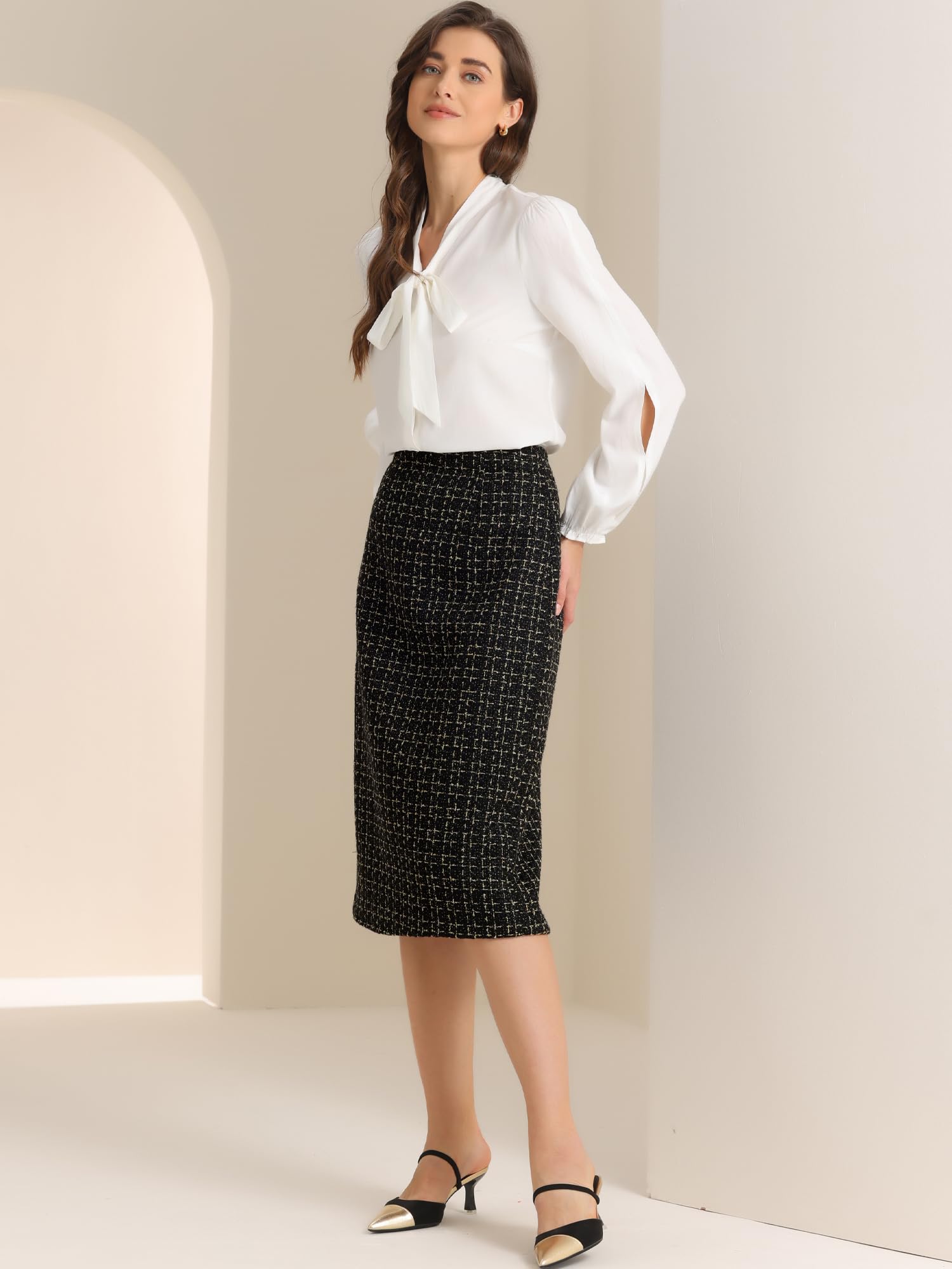 Allegra K Jupe crayon moulante à carreaux en tweed taille haute pour femme