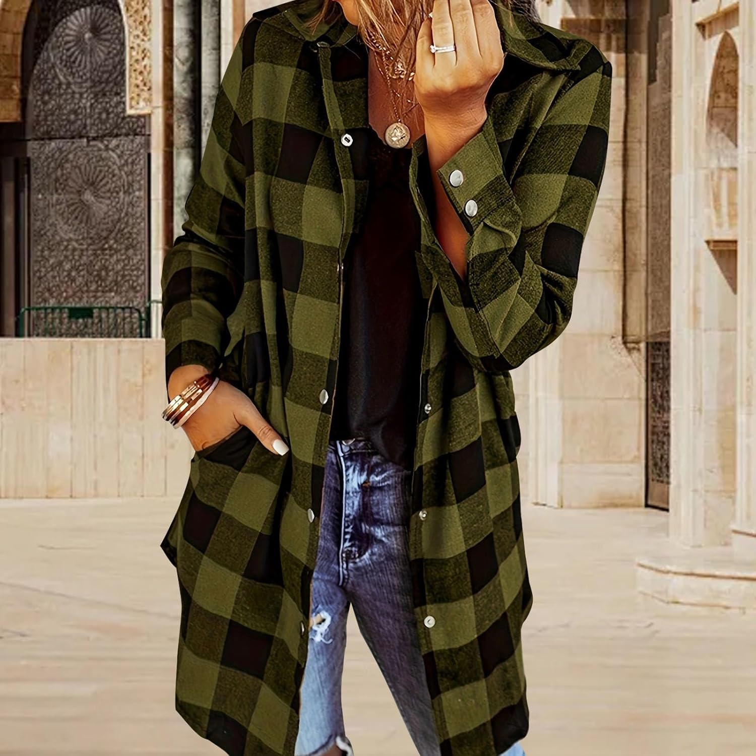 Long Sleeve Plaid Button Down Shirt for Women, Casual Plaid Shacket Flannel Shirt Blouses Tops with Pocket - Image 3