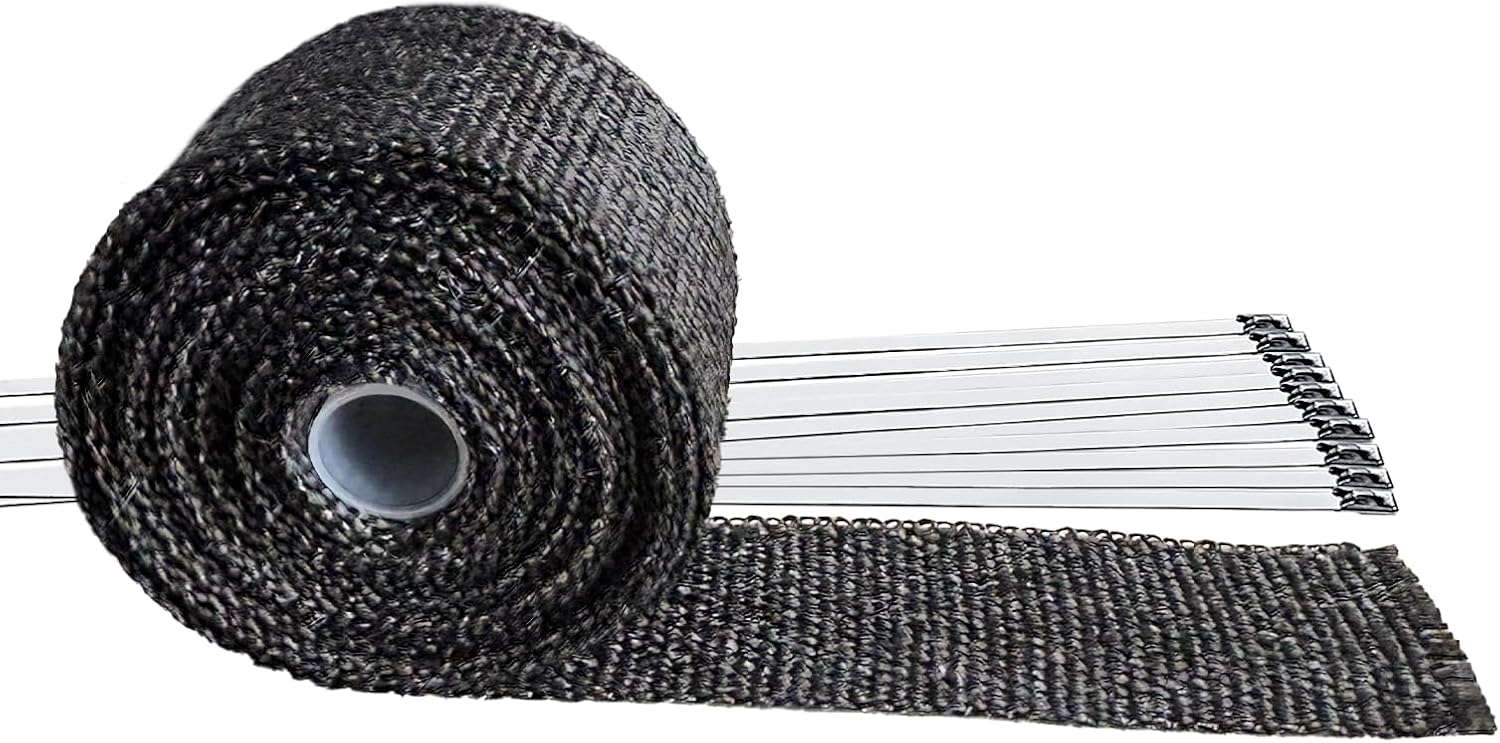 Exhaust Heat Wrap, 2in x 50ft Black Header Wrap Fiberglass for Motorcycle Car Exhaust Pipes with 12 Stainless Locking Ties