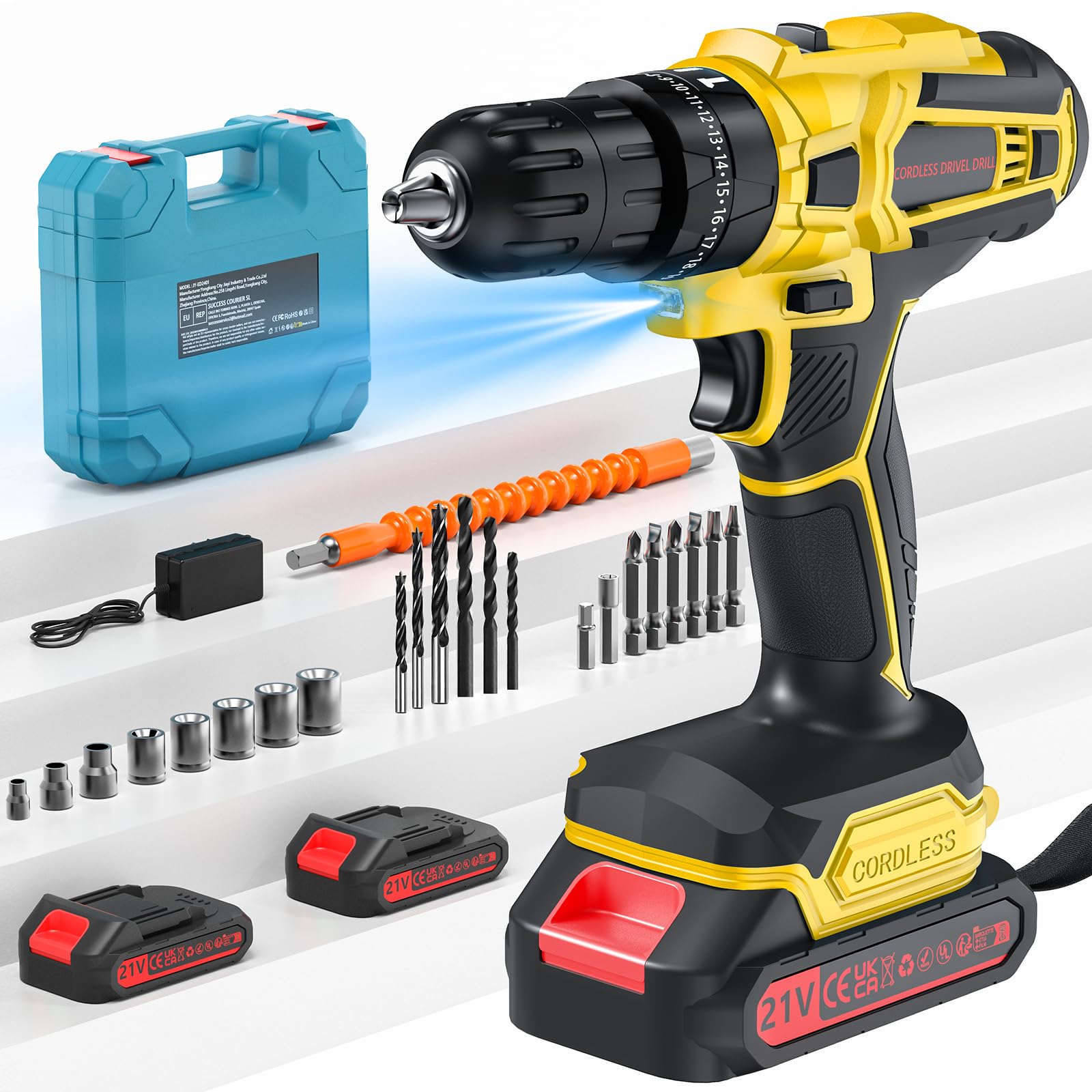 Taladro Percutor a Bateria 21V,Taladro Atornillador Bateria con 2x2.0Ah Baterías, 45Nm Atornillador Electrico,25+3 Ajuste de Par, 2 Velocidad, LED Luz, para en casa y jardín,bricolaje (Amarillo)