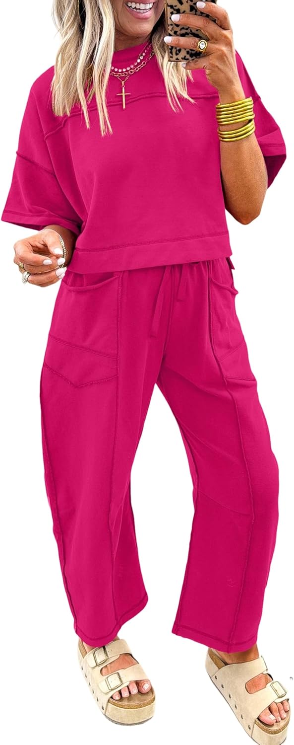 Womens 2 Piece Sets Racing Red Drop Shoulder Boxy Tee and Barrel Pants Set