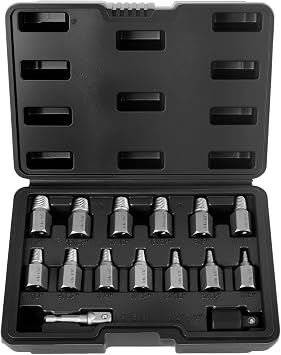15 Pieces Screw Extractor Set, 3/8" Hex Drive Easy Out Bolt Extractor Kit, ulti-Spline Screw Remover Tool Kit for Removing Stripped, Broken Rusted Bolts Screws