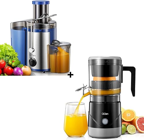 Qcen 500W Juicer Machine Blue y Electric Citrus Juicer Black Bundle