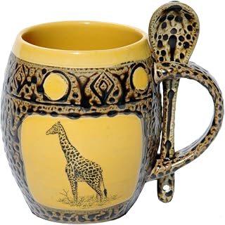 ALWAYS AZUL POTTERY Giraffe Mug with Spoon in Dark Yellow - Handmade Ceramic Coffee Mug - Stylish and Unique Handcrafted Artistic Drinkware - Polished Clay Cups, Great for Coffee, Tea, and Art Lovers