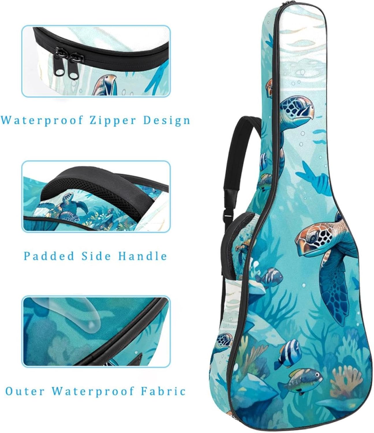 40/41/42-inch Marine Coral Turtle Acoustic Guitar Bag With Adjustable Shoulder Strap And 2 Storage Bags. Guitar Bag With Back Hanging Loop, Electric, and Classical Guitars