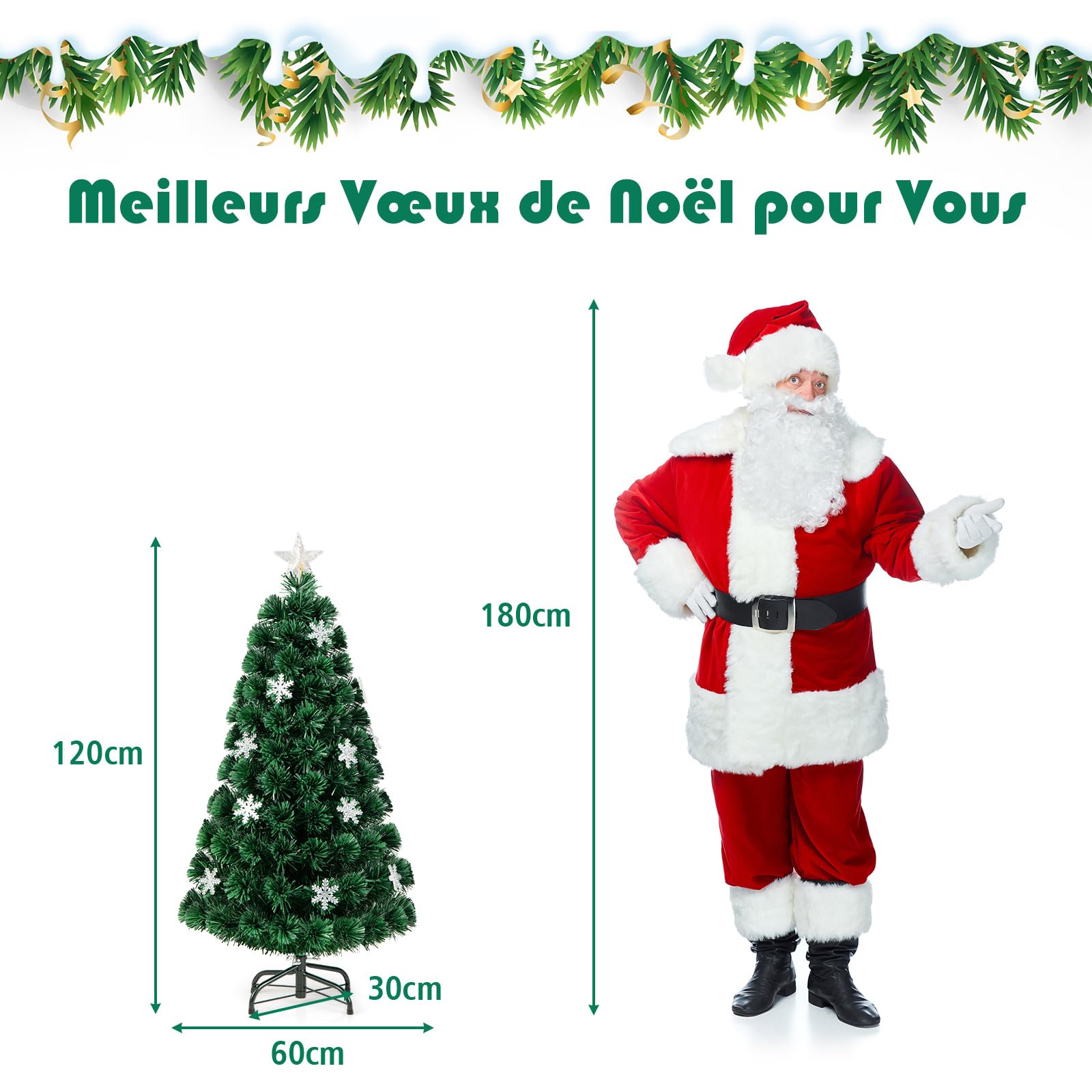 GOPLUS Sapin de Noel Lumineux LED, 120cm Sapin de Noël Artificiel Fibre Optique avec 18 Flocons de Neige Lumières et Etoile Sommet, 125 Branches Touffues, Décoration Noël