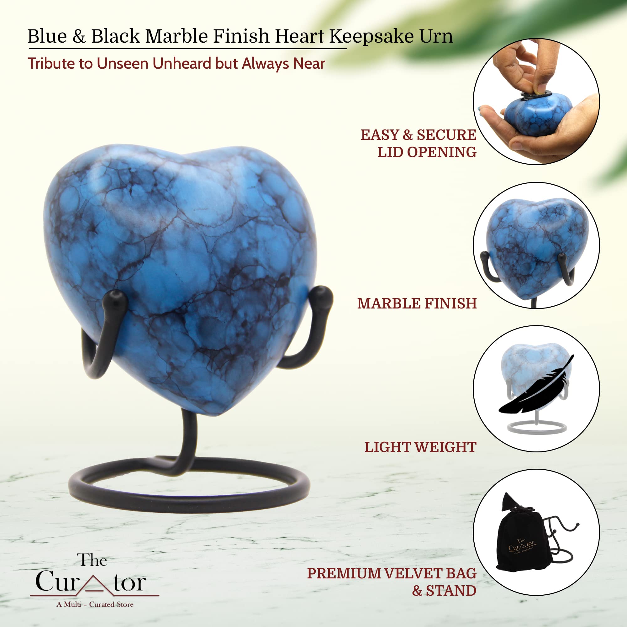 Blue Heart Keepsake Urn - Mini Ash Urn with Display Stand - Small Handcrafted Cremation Urn for Ashes - Perfect for Adults & Infants - Tribute to Unseen Unheard but Always Near