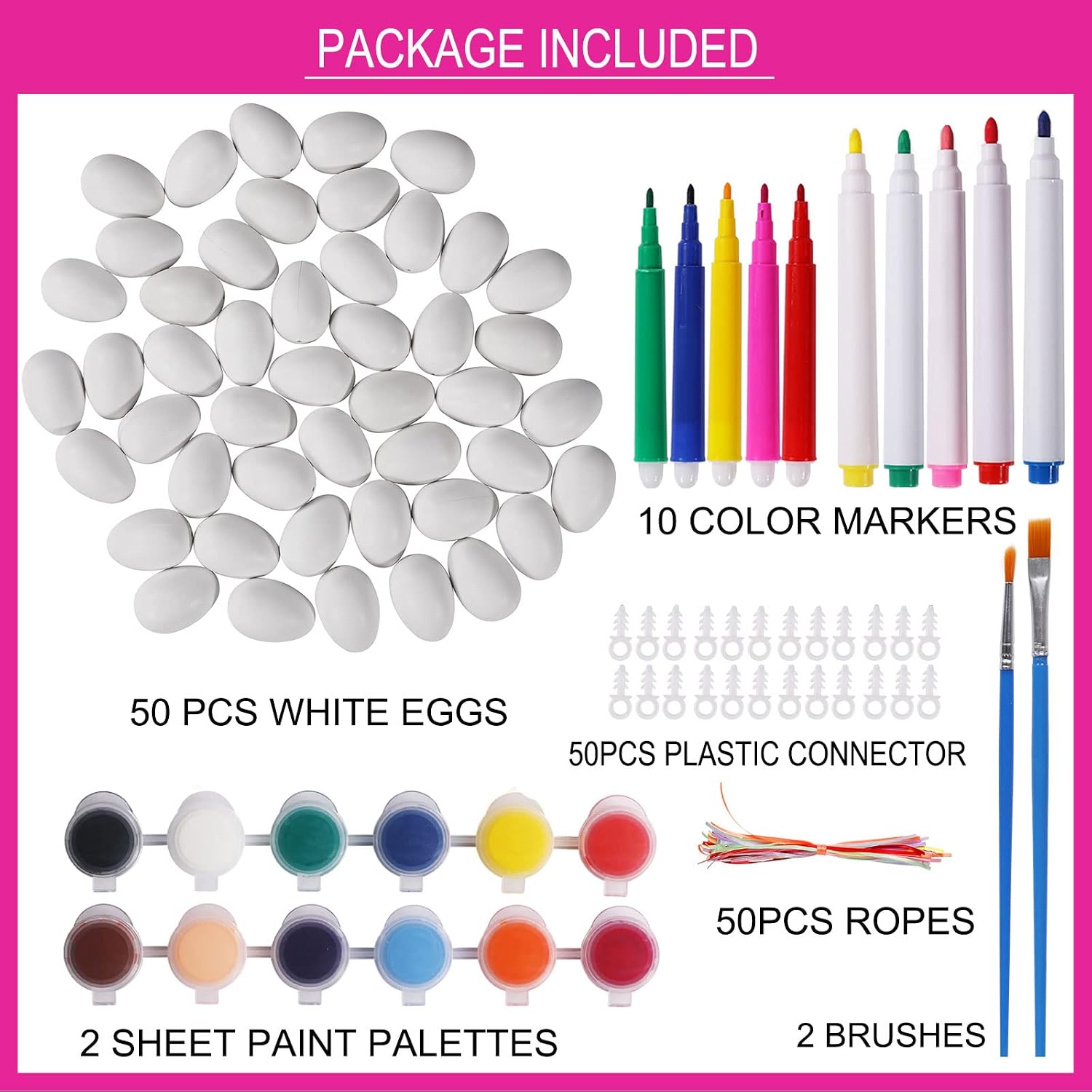 Max Fun 50 Pcs White Blank Easter Eggs Ornaments Bulk Decoration for Craft Hanging Plastic Artificial Eggs with Rope DIY Painting Decorating Basket Fillers Gift Easter Party Favors