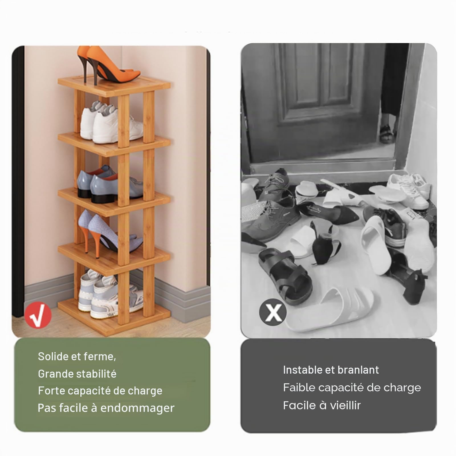Meuble Chaussure Bois, Meuble a Chaussures Exterieur Imperméable, Range Chaussure, Etagere Colonne, Étagère à Chaussures Haute et Étroite for Entrée, Dortoir, sous Le Lit