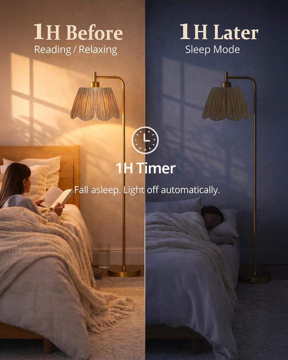 JOOFO Boho Floor Lamp with Remote & Foot Switch, Brushed Gold Standing Lamp with Scalloped Textured Shade, Stepless Dimmable Tall Lamp for Living Room Bedroom Office Reading(Bulb Included)