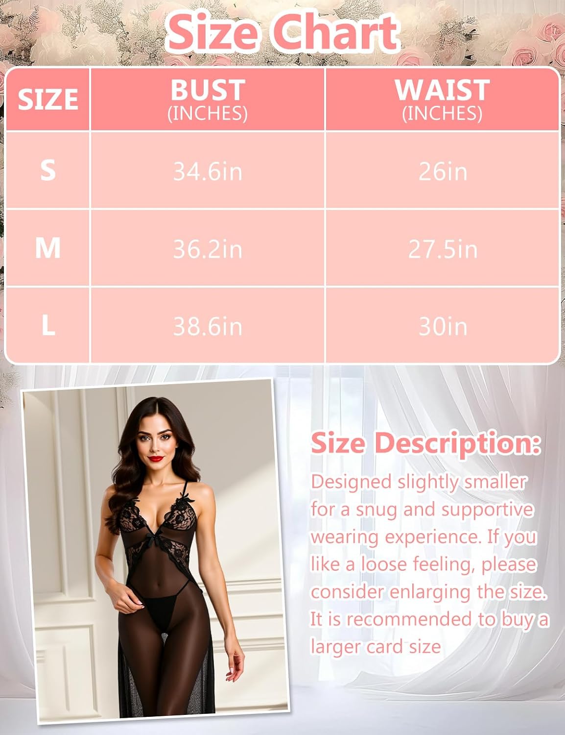 Sexy Long Lingerie Dress with Thong - Sheer Mesh V-Neck Nightdress, Valentines Honeymoon Boudoir Lingerie - Image 4