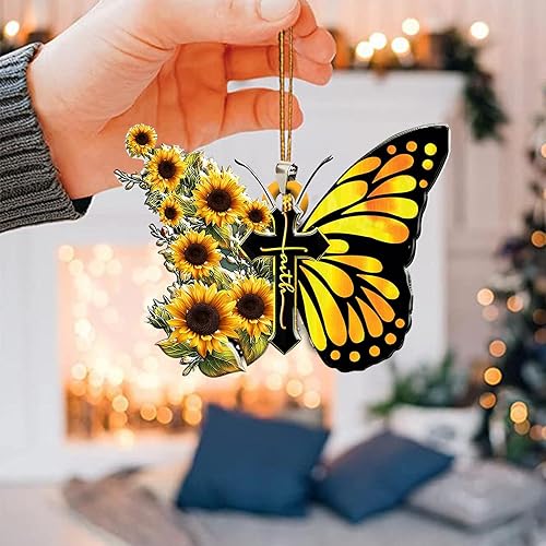 Miniatura 5 de Accesorios para espejo retrovisor de automóvil, girasol, mariposa, Jesús, cruz, adorno colgante cristiano 2D, plano, religioso, cristiano, para el