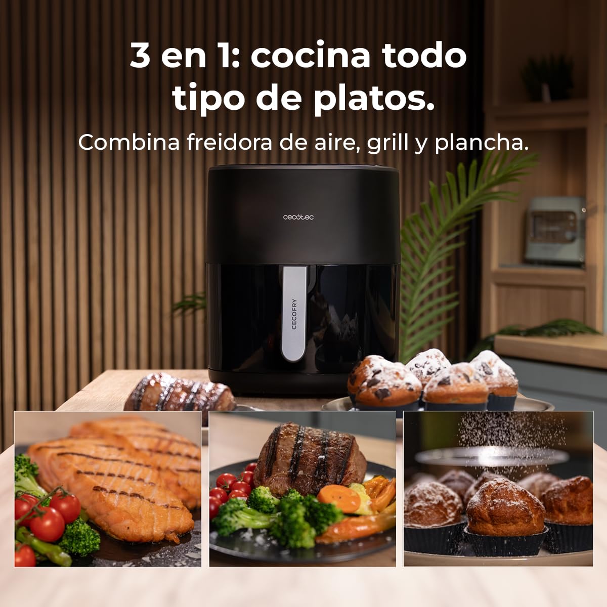 Cecotec Freidora de Aire sin Aceite 6,5L con Doble Resistencia Cecofry&Grill Duoheat 6500 Plus. 2200W, Air Fryer, Grill y Plancha, Pizzas, Ventana Visualización, 12 Menús, Temperatura 40-200°C — view 3