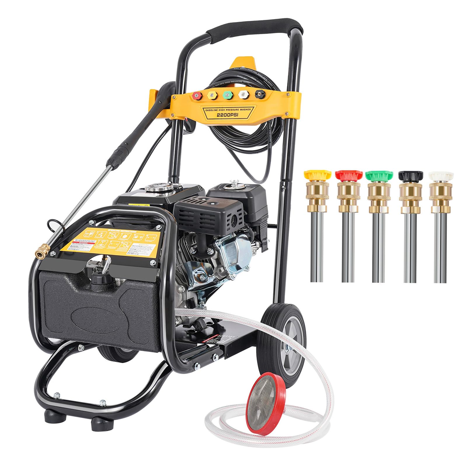 Limpiador de alta presión de gasolina, 170 bar, motor de cuatro tiempos de 7,5 CV, 3400 rpm, incluye accesorios: manguera de alta presión de 8 m, manguera de aspiración de 2 m, 5 boquillas, 2 ruedas