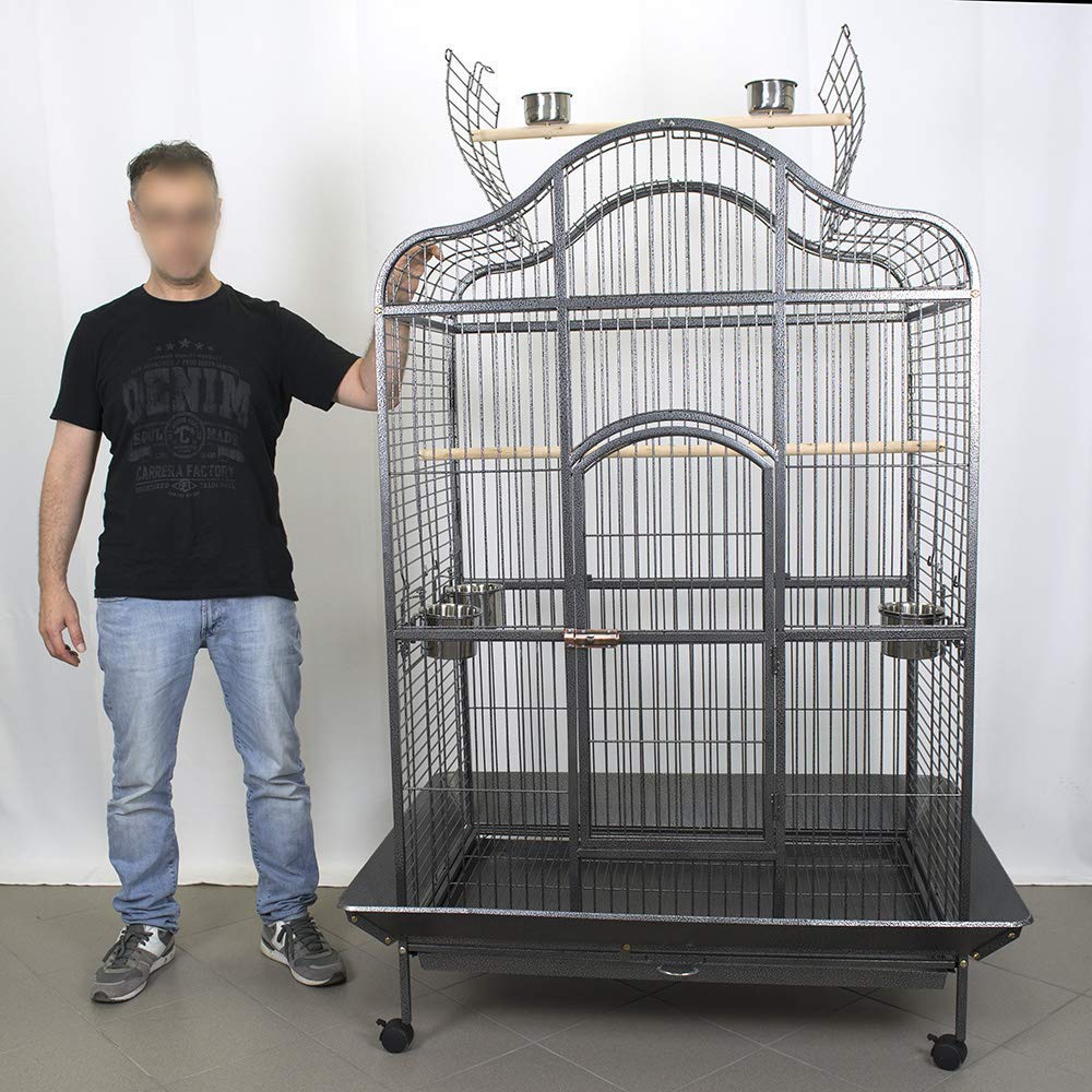 Pet's Solution - Gabbia per Pappagalli e Grandi Uccelli con Posatoi, Ciotole, Ruote, Griglia e Vassoio Estraibile, Nera - Dimensioni Esterne 124x90x185h cm
