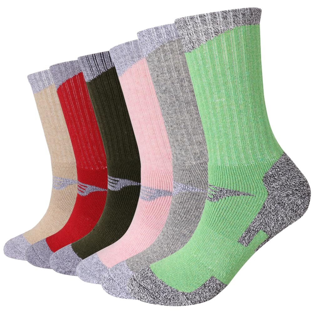 EnerWear 6 Pack Women's Wool Outdoor Hiking Trail Crew Sock (US 9-11, Red/Green/Army/Multi)