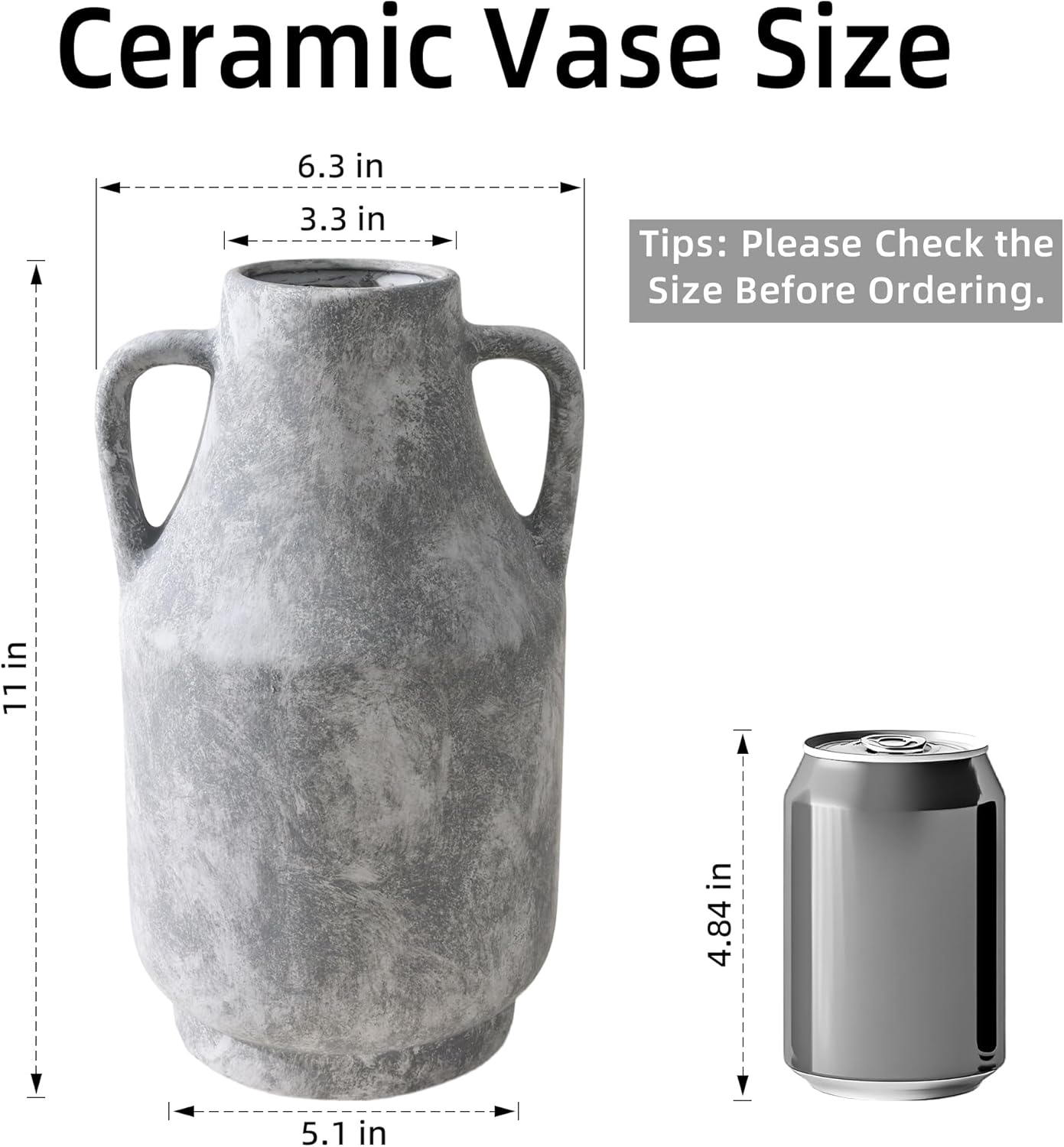 Grey Ceramic Flower Vase with Handles, 11 in Tall Rustic Farmhouse Pottery Vases Decorative Large Vases for Living Room Entryway Kitchen Table Centerpieces Home Decor