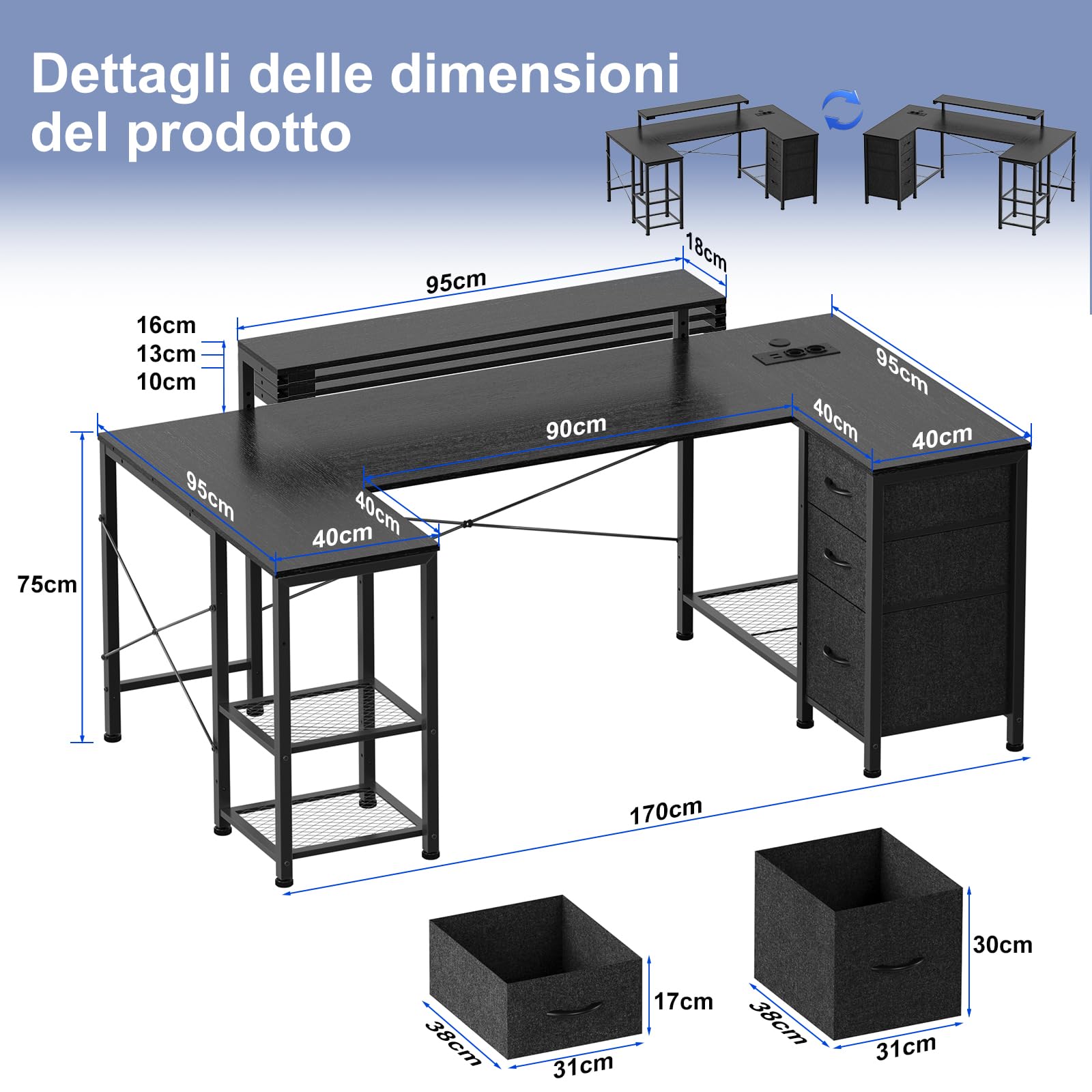 JUMMICO Scrivania da Gaming Angolare a Forma L, 170x90cm con Illuminazione LED, Supporto Monitor Regolabile in Altezza, 3 Cassetti, 2 Prese e 2 Porte USB, Scrivania in Acciaio e Legno, Nero
