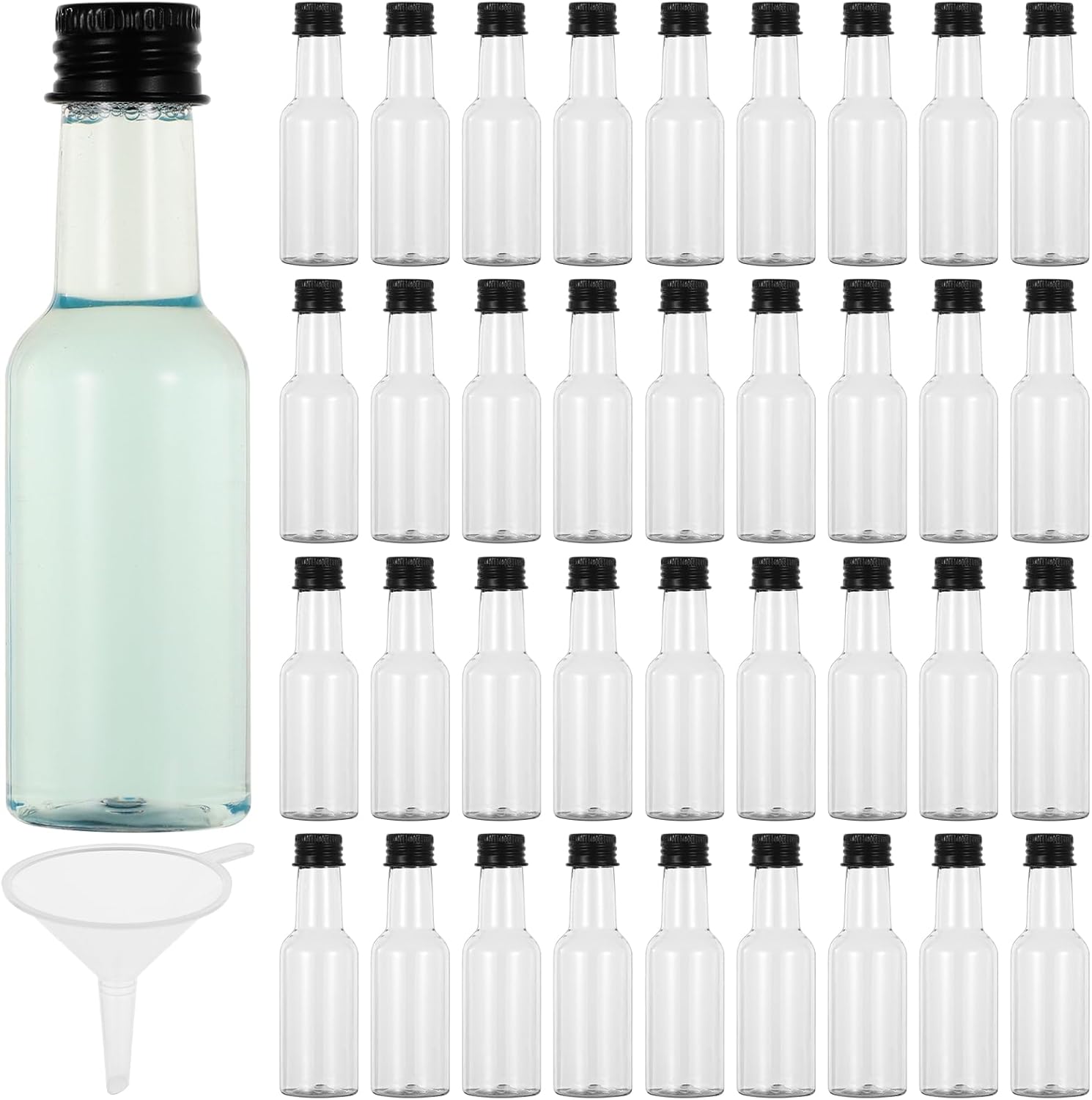 Homaisson 100 PCS Mini Liquor Bottles, 50 ML Plastic, Travel Size, Clear, Reusable, Leak Proof, Dishwasher Safe
