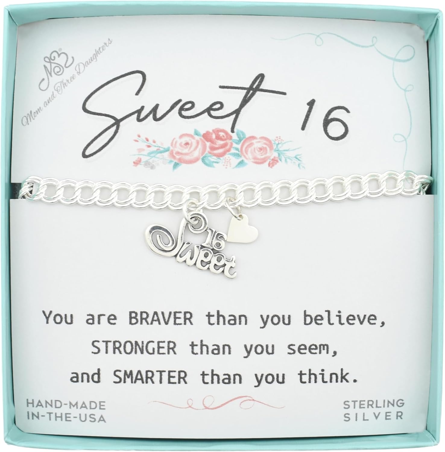 MOM & THREE DAUGHTERS Sweet 16 Bracelet with Tiny Heart | 925 Sterling Silver | 6" Chain with 1" Extender | Birthday Gift for Her