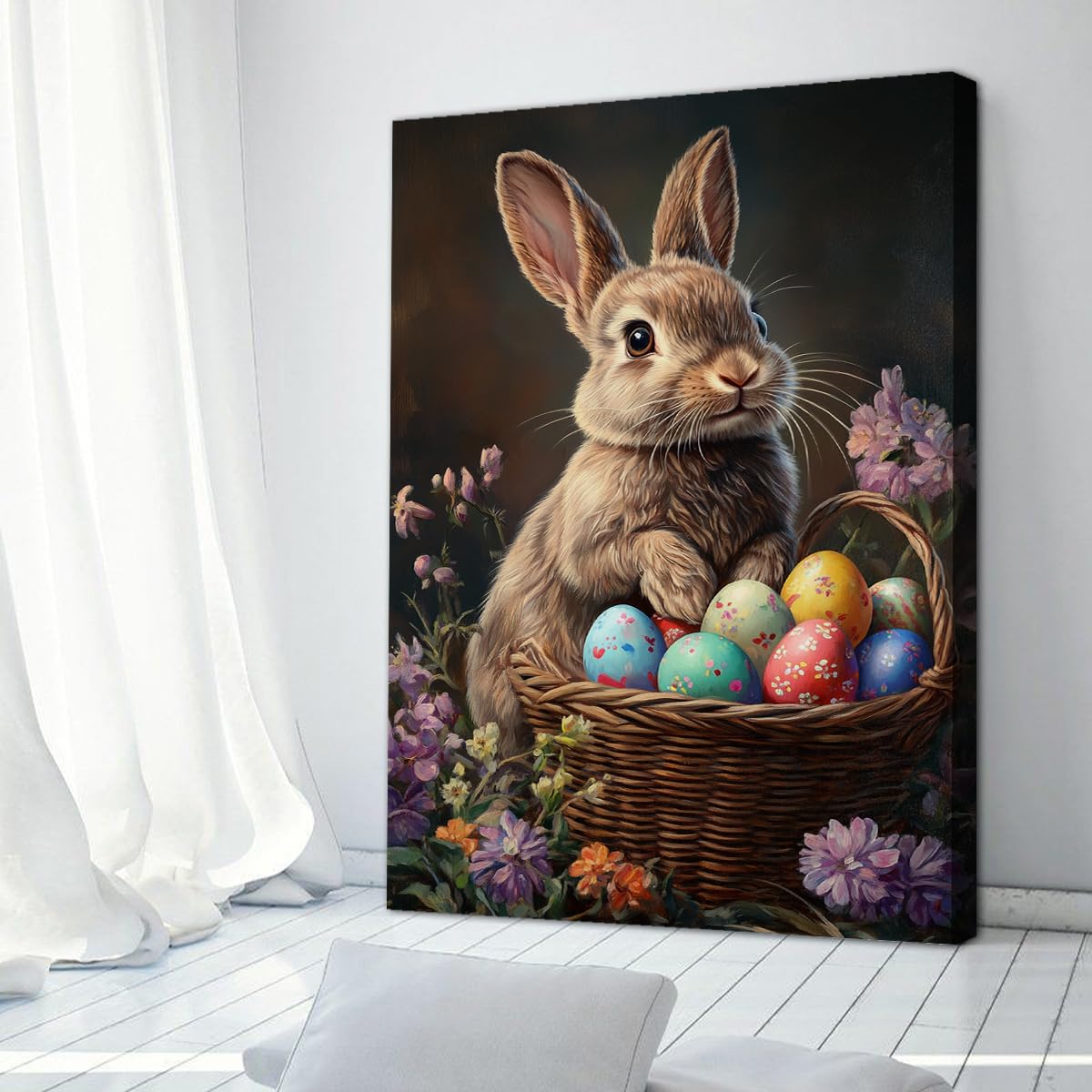 TOANGWALL Wiosna Święta: Brązowy Brązowy Obraz Na Płótnie Pisanki Koszyk Kwiatowy Plakat Ciemne Tło Grawerowanie Mural Do Dekoracji Klasy 80x120cm