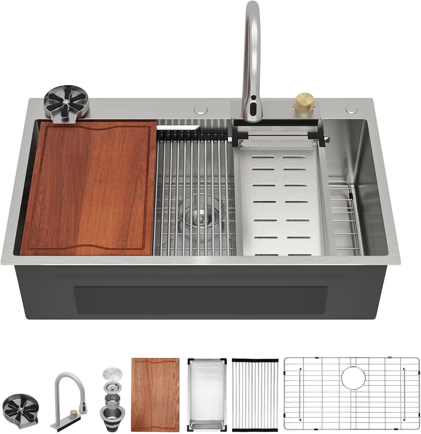 Dcolora 36 Inch Waterfall Kitchen Sink Drop In Smart Workstation With Faucet Combo Topmount Multifunctional Stainless Steel 304 Single Bowl Sink,DC-SFDOE00013