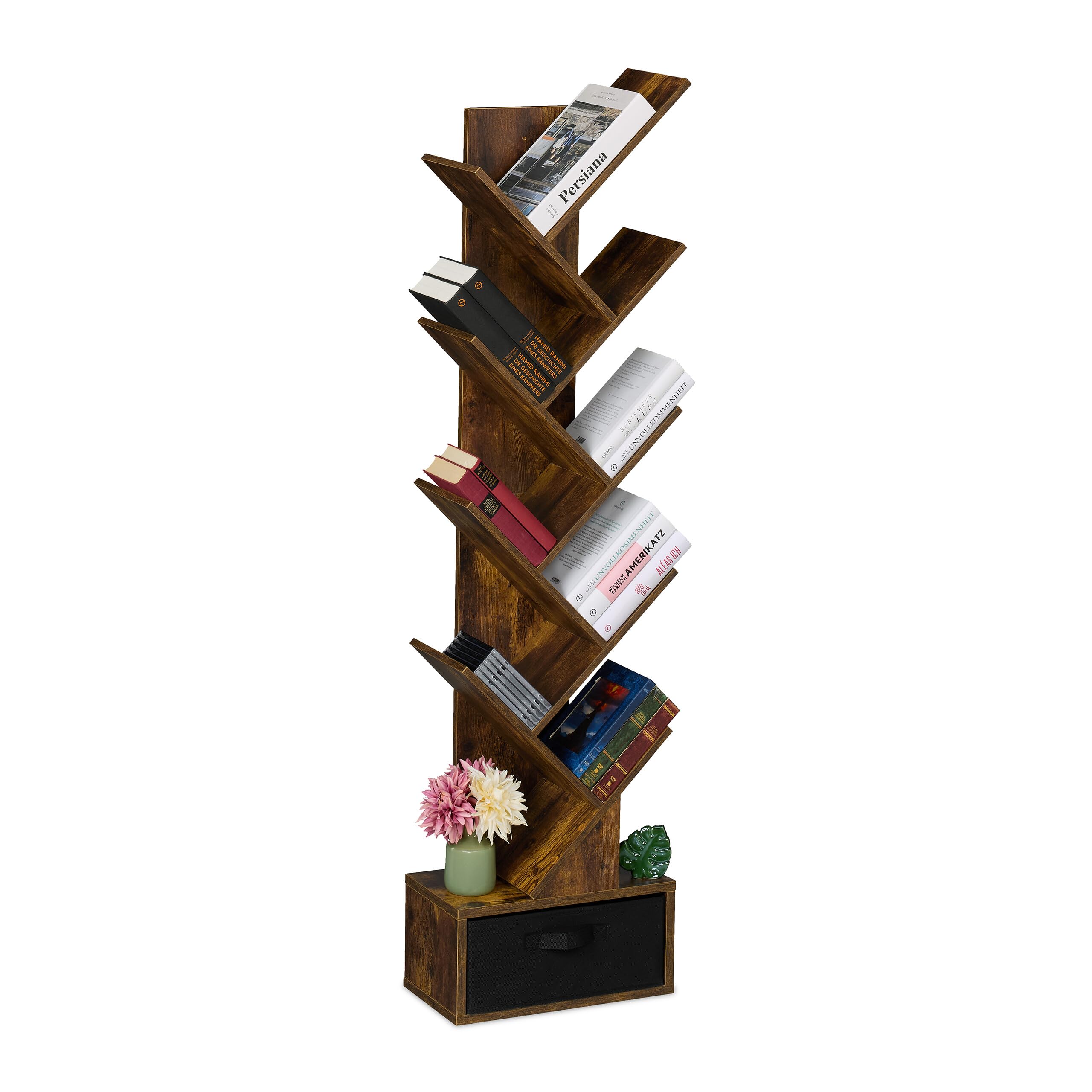 Relaxdays Tree Bookshelf, 9-Tier Bookcase, HWD: 146 x 38 x 22 cm, Storage for Books & CDs, Free-Standing, Drawer, Brown