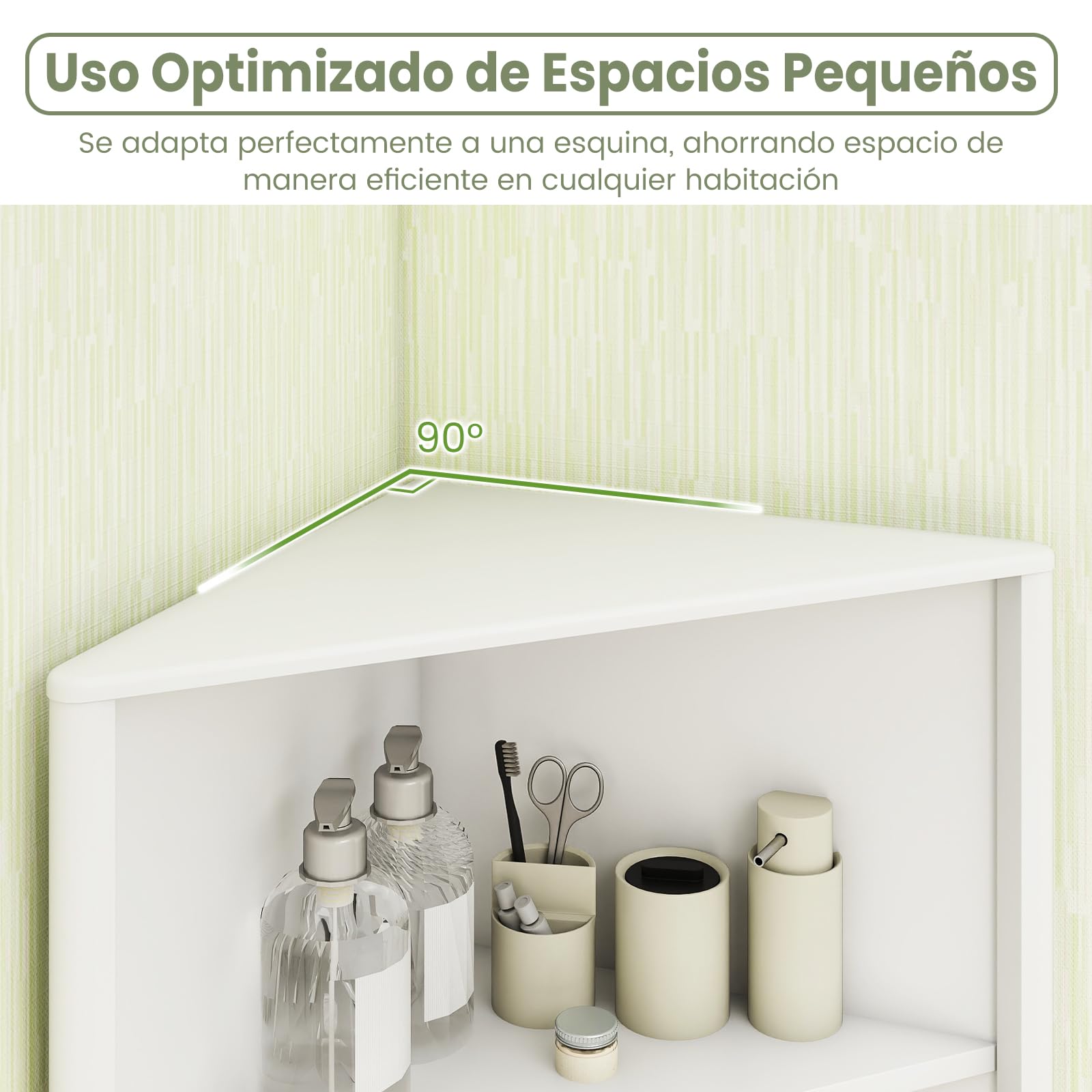 GOPLUS Armario Alto Esquinero, Armario de Esquina con 3 Estantes Abiertos y 2 Puertas Acanaladas, Mueble de Almacenamiento con Estante Ajustable para Baño, Sala de Estar, Dormitorio, Cocina (Blanco)