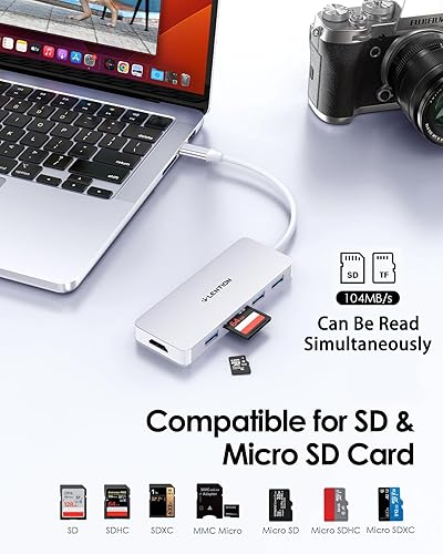 Miniatura 6 de LENTION Adaptador USB a USB-C 5 en 1 con lector de tarjetas micro SD/SD para iPhone, adaptador multipuerto HDMI a USB C Hub 4K a 30Hz con 3 USB 3.0