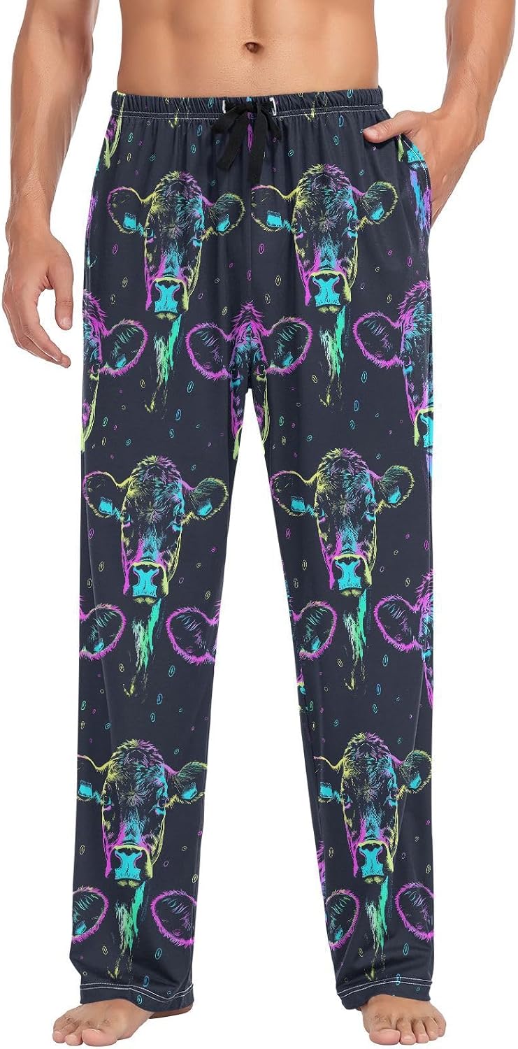 ALAZA Neon Cow Portrait Print Men's Sleepwear Mens Pajama Pants Bottoms with Pockets, S