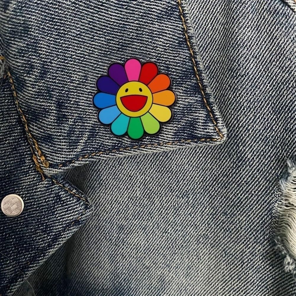 Sunflower Colorful Petal Smiley Face Necklace Takashi Murakami Inspirational Badge Brooch(Spinning,Set of 2)
