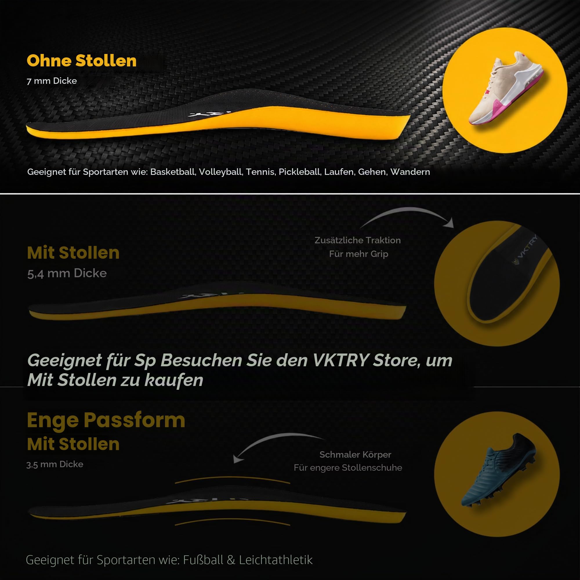 VKTRY Performance Einlegesohlen – Gold VKs – Kohlefaser Stoßdämpfende Sportschuh-Einlegesohlen für Pro Laufen, Basketball, Leichtathletik – Verbesserte Explosivität, Verletzungsschutz und Erholung,