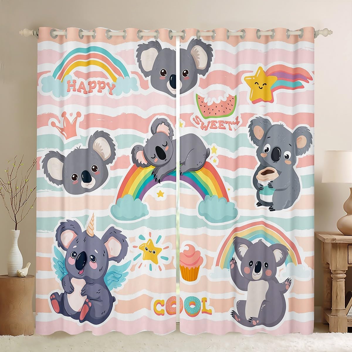 Manfei Koala Blackout Curtains Clouds Rainbow Stripes Window Treatments Food Animal Window Drapes for Kids Teens Room Decor Grommet Top 2 Panel Set Bedroom Curtains,38X45 inch