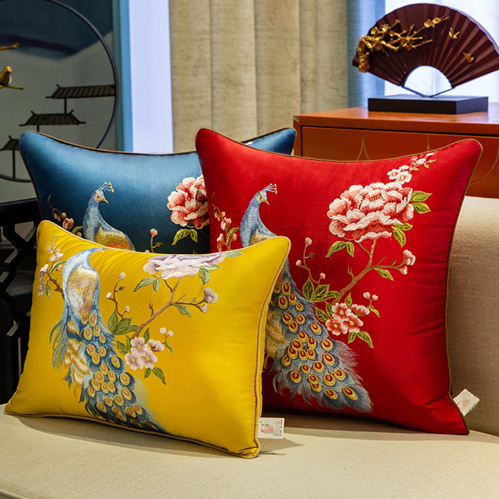 中国 刺繍 孔雀 デザイン クッションカバー 2枚セット 中国 刺繍 孔雀 デザイン クッションカバー 2枚セット