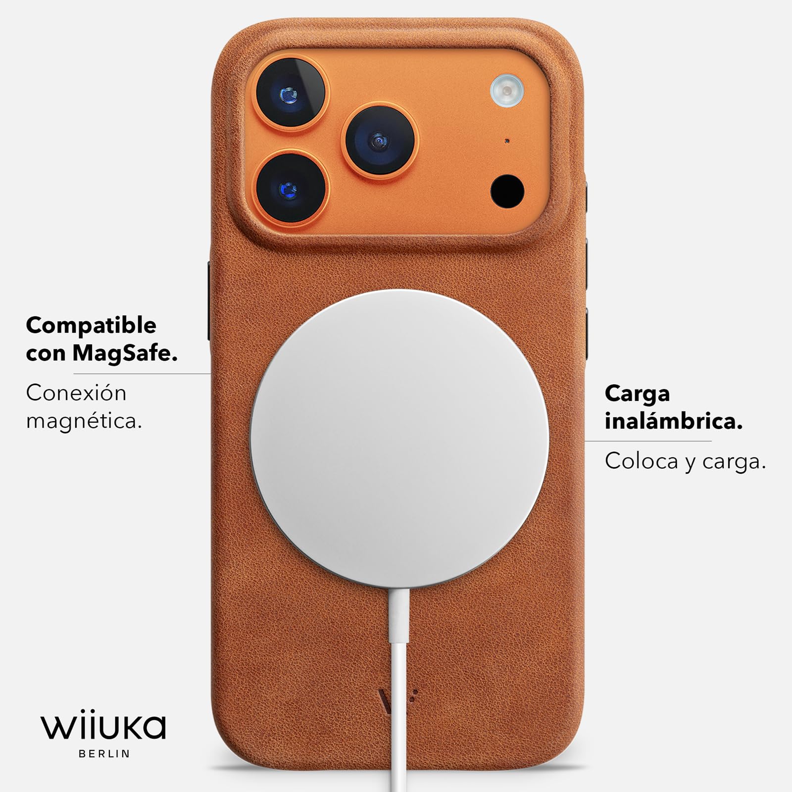 WIIUKA Funda para iPhone 17 Pro Max, piel de Alemania, protección de 360°, funda de piel extra fina, funda premium para teléfono móvil, funda Qi, skiin More VL, coñac vintage