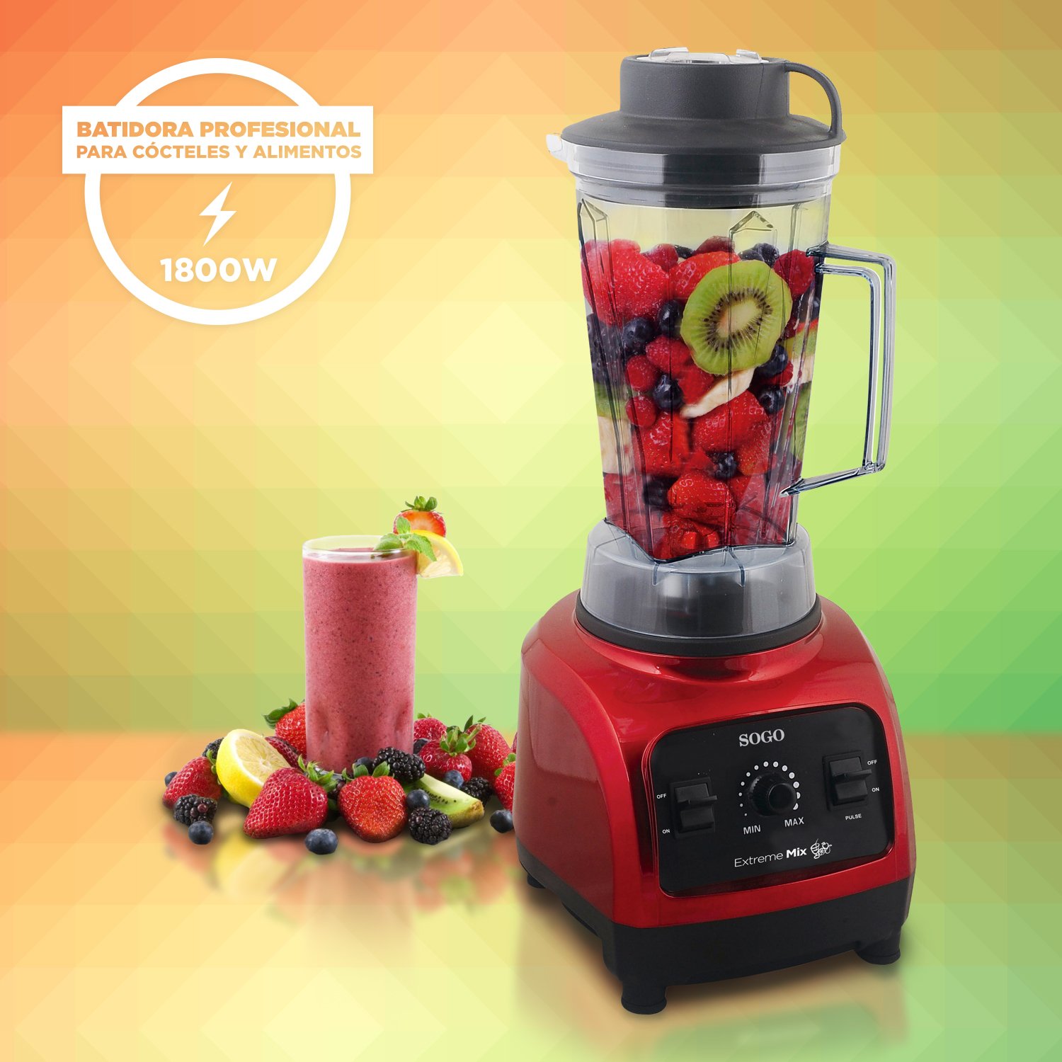 SOGO BAT-SS-5150 SS-5150 Batidora de Vaso Uso Profesional, Licuadora Super Potente, Jarra de 2 litros Sin BPA, 1800 Watts, Color Rojo, W, 2000 milliliters, Plástico