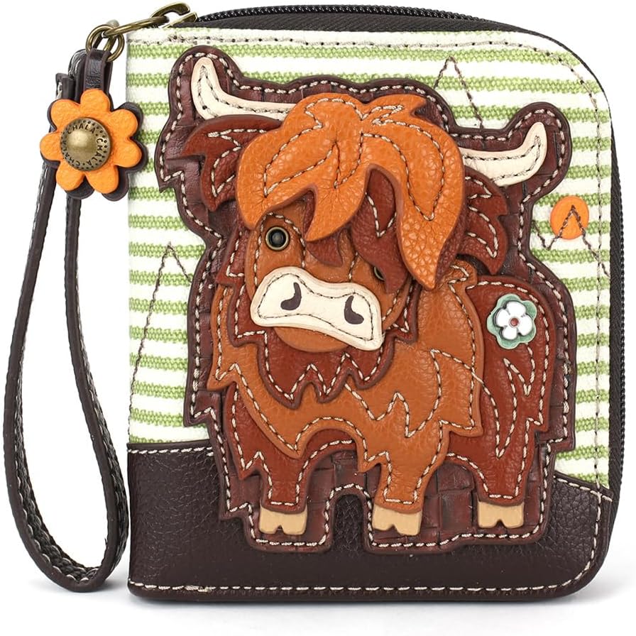 CHALA Zip Around Wallet, Wristlet, 8 Credit Card Slots, Sturdy Pu Leather - Highland Cow - green stripe - Image 1 of 6