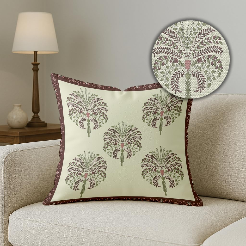 BRICK HOME Set of 5 Polycotton Printed Cushion Covers 16×16 Inches | Traditional Palm & Floral Border Design | Mauve, Sage Green & Beige | Soft Decorative Pillow Covers for Sofa, Couch & Living Room BRICK HOME Set of 5 Polycotton Printed Cushion Covers 16×16 Inches | Traditional Palm & Floral Border Design | Mauve, Sage Green & Beige | Soft Decorative Pillow Covers for Sofa, Couch & Living Room