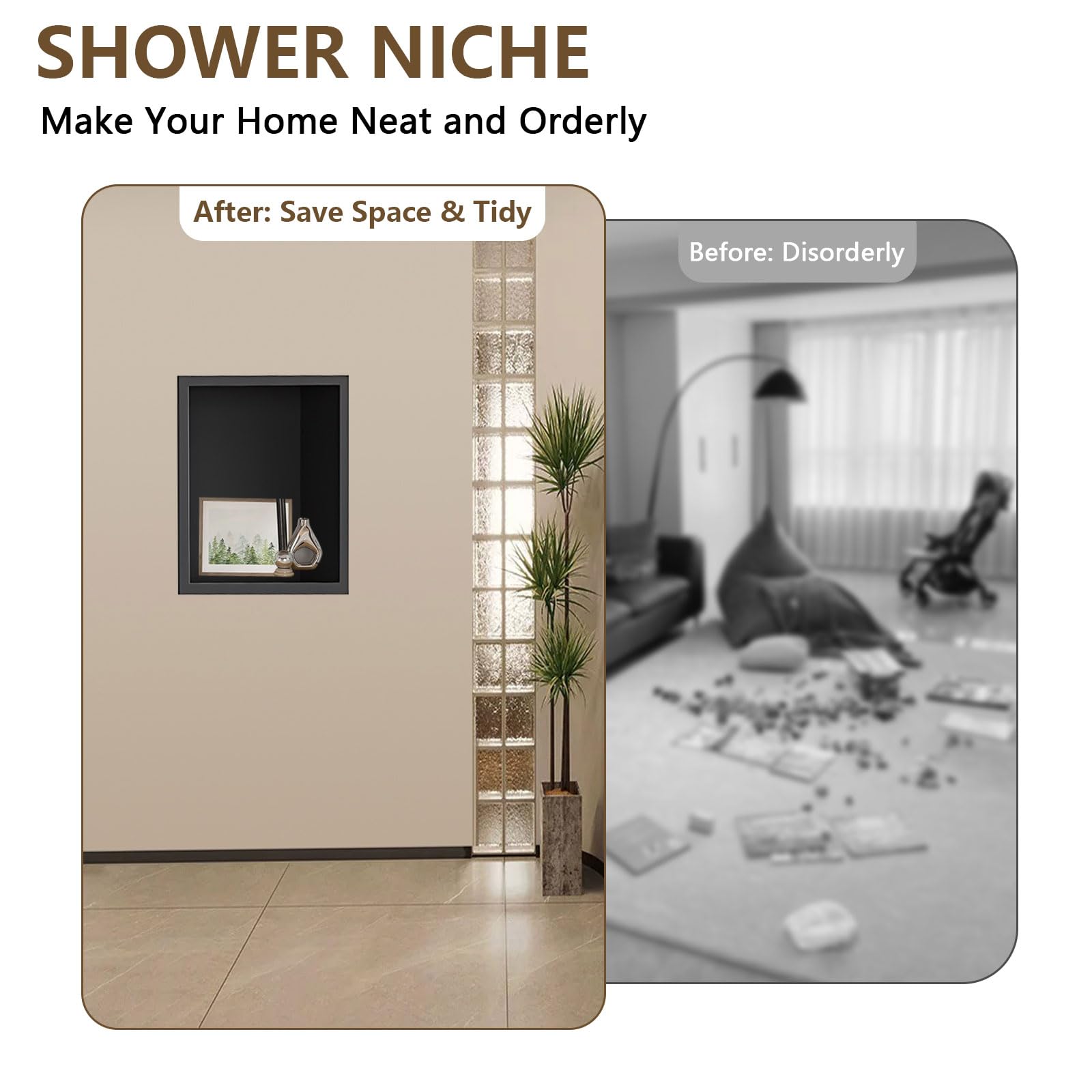 Nicho de ducha negro de 320 x 320 x 125 mm, inserto de pared de nicho de ducha de acero inoxidable, bandeja de ducha impermeable, no requiere azulejos, organizador de ducha de almacenamiento de