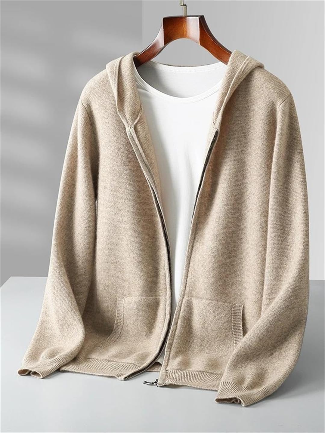 Men's 100% Merino Wool Hooded Zipper Cardigan Sweater Thick Long Sleeve Tops