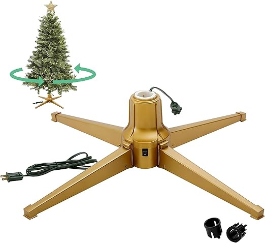 Home Heritage 360-Degree Rotating Spinning Metal Christmas Tree Stand Base for Trees Up to 7.5 ft, Gold