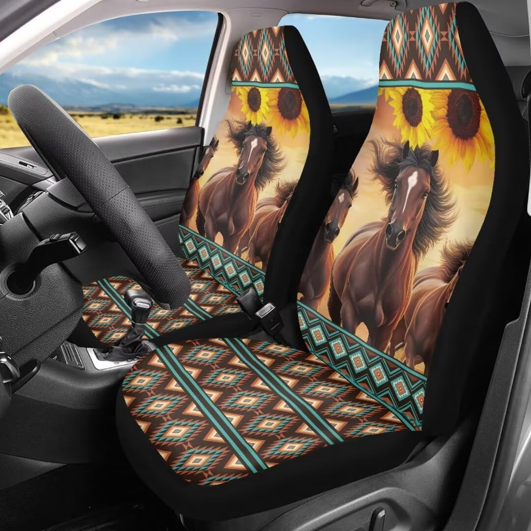 DISNIMO 2 Piece Car Seat Cover Front Seats Only,Boho Sunflower Horse Vehicle Seat Protector Universal Fit Car Front Seat Covers for Car, Truck, SUV or Van