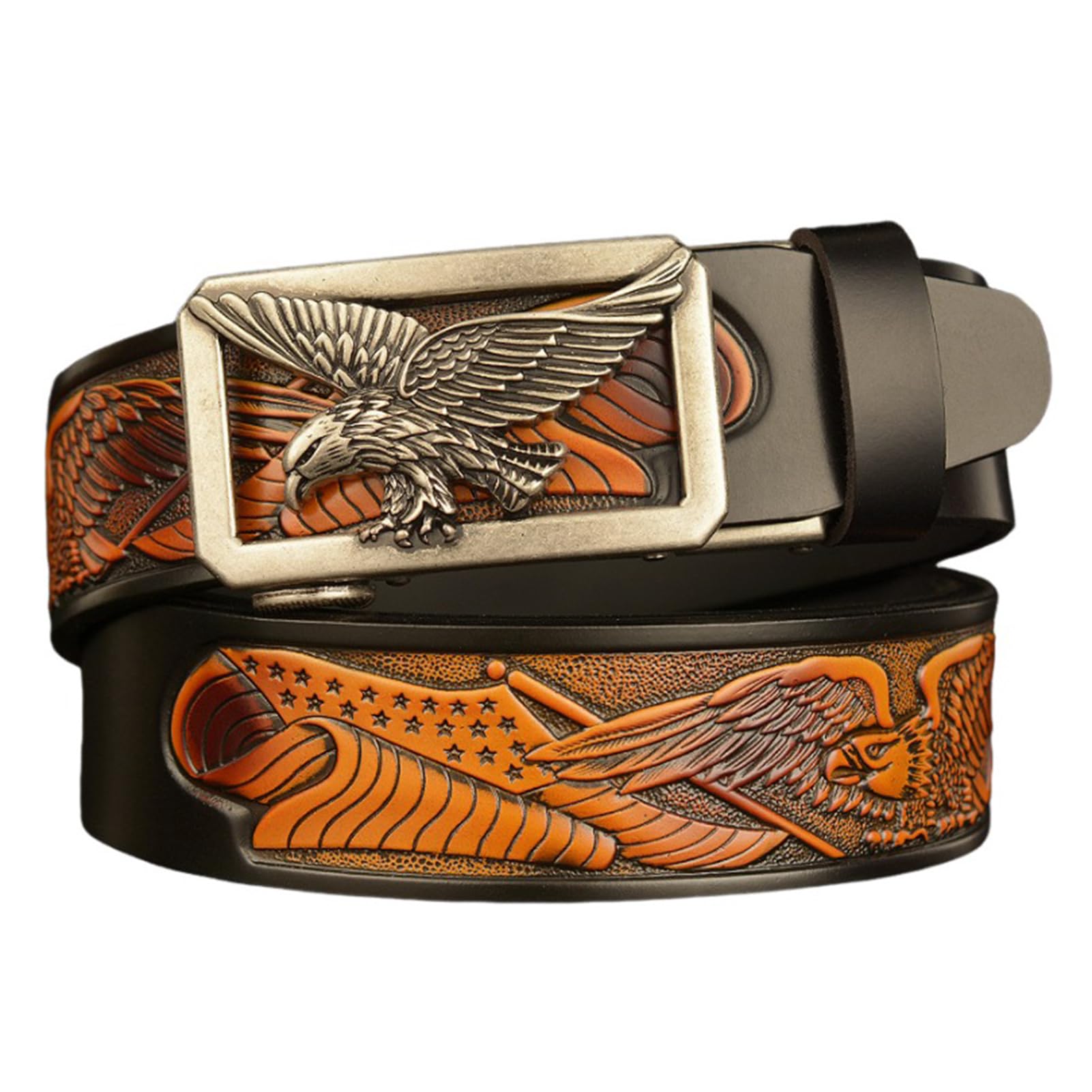 Cinturón De Vestir Con Trinquete For Hombre, Cuero Premium Estampado Águila, Cinturilla Deslizante Y Hebilla Automática Ajustable