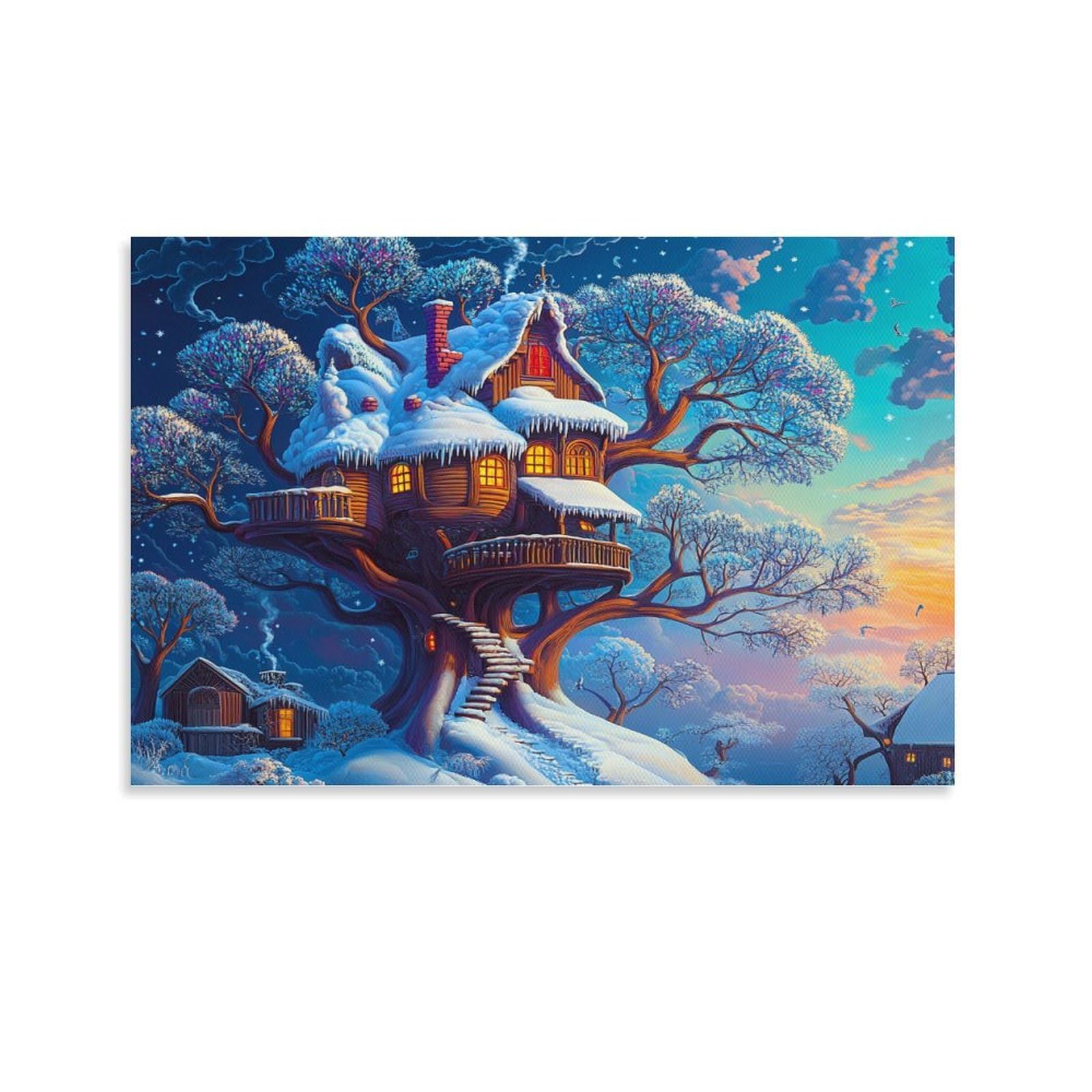 CPLVKWRQJ Winter Treehouse Individual Fantasy Illustration Style Canvas Artwork - Bedroom Canvas Painting Easy to Clean Space Transformer Decor 20x30inch(50x75cm)