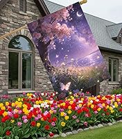 Vista 28 de Paisaje de fantasía con piedras, lámparas, flores, árboles, luna y mariposas, bandera de jardín de 12 x 18 pulgadas, pequeña vertical de doble cara
