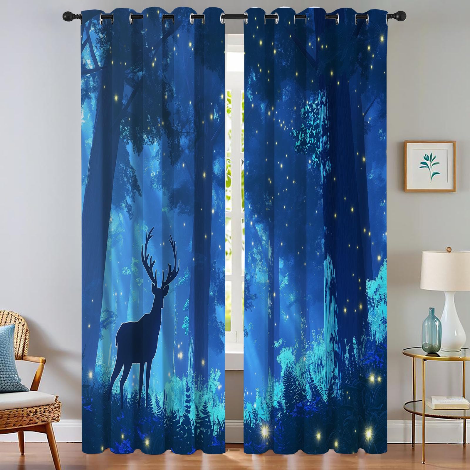 Rideau occultant bleu 140x240 cm à oeillets avec motif cerf forêt pour salon, lot de 2