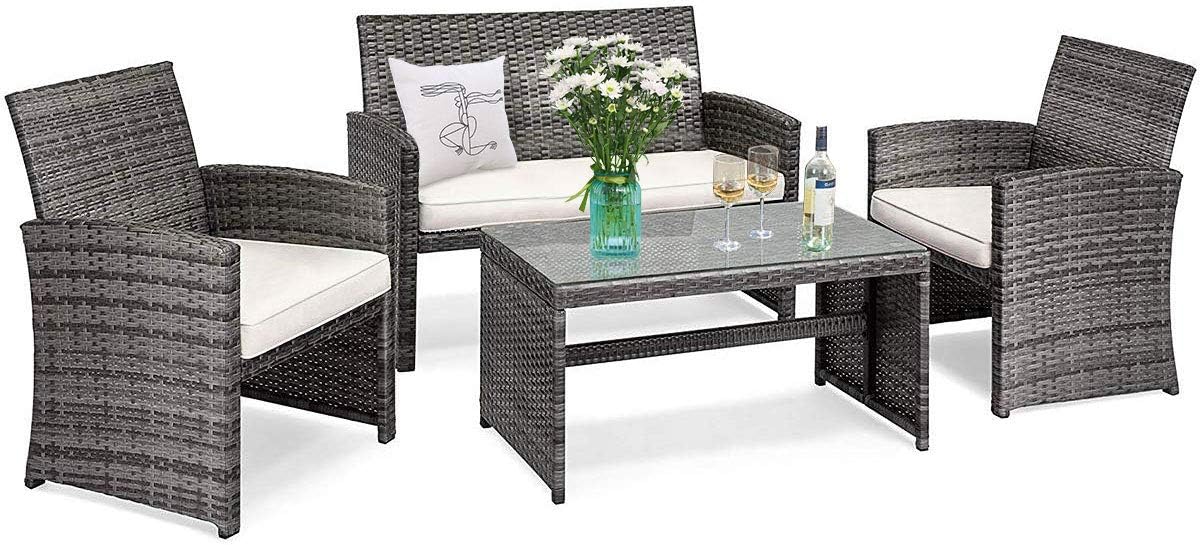 Tangkula 4 PCS Wicker Patio Conversation Set, Outdoor Rattan Sofas with Table Set, Patio Furniture Set with Soft Cushions & Tempered Glass Coffee Table for Poolside Balcony