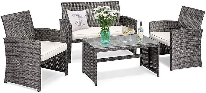 Tangkula 4 PCS Wicker Patio Conversation Set, Outdoor Rattan Sofas with Table Set, Patio Furniture Set with Soft Cushions & Tempered Glas...