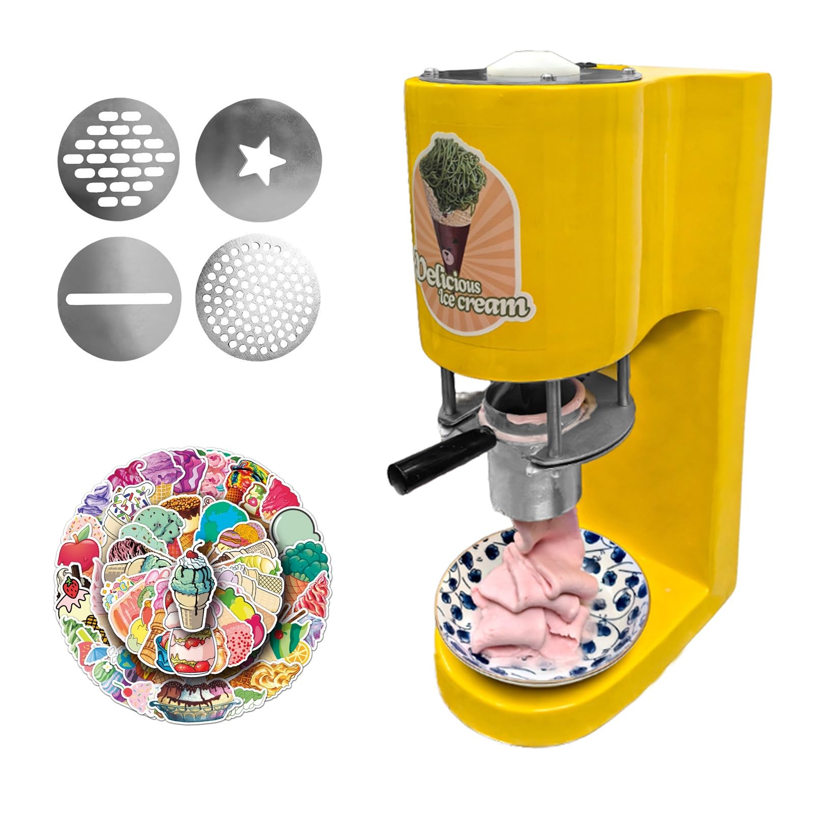 Machine à gelato électrique avec 4 moules, trémie de 420 ml et autocollants – Machine polyvalente pour spaghetti, crème glacée et desserts